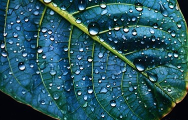 Water drops on green leaf abstract background. Raindrops, water on leaf. Fresh, juicy, beautiful tree leaf close-up. Summer, nature background.