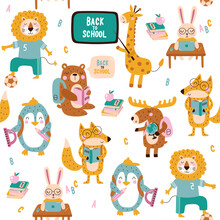 Seamless Pattern Cute Animals Go To School. Vector Illustrations