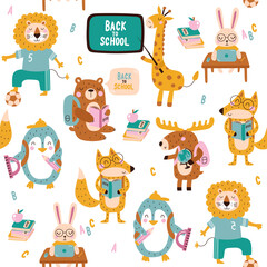 Seamless pattern cute animals go to school. Vector illustrations