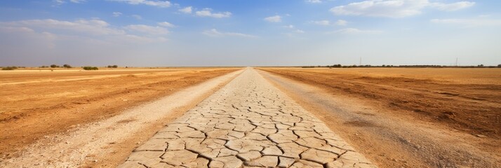 Wall Mural - A dirt road with cracked pavement and dry grass. Generative AI image.