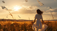 A Young Pretty Woman With Long Brown Hair In A Long White Dress Is Walking Through A Field In The Evening.