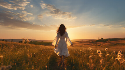 Wall Mural - a young pretty woman with long brown hair in a long white dress is walking through a field in the evening.