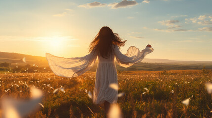 a young pretty woman with long brown hair in a long white dress is walking through a field in the ev