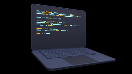 Wall Mural - 3d laptop and program code development. Web coding concept. Laptop with programming code. Laptop screen. Coding screen. Transparent background with alpha channel