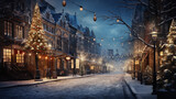 Fototapeta Londyn - Holiday Serenity: Snow-Covered City Street with Christmas Touches