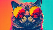 Stylish Cat Posing In Sunglasses. Close Portrait Of Furry Kitty In Fashion Style. Illustration For Banner, Poster, Cover, Brochure Or Presentation. Printable Design For T-shirts, Mugs, Cases, Etc.