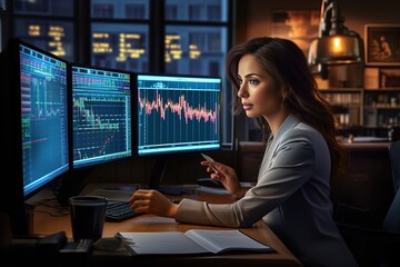 Wall Mural - Overworking in the old stock market. A young female specialist sits in the office at night and monitors fluctuations in the indices and cryptocurrency quotes.