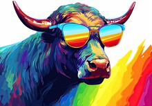 Portrait Of Funny Cow With Sunglasses. Concept Of Humor. Illustration For Cover, Card, Postcard, Interior Design, Decor Or Print.