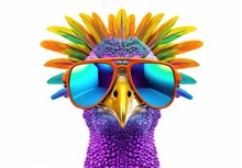 Close-up Of A сolorful Guinea Fowl Portrait With Glasses In Front Of A White Background. Digital Art. Plastic Toy Figurine Made Of Ceramics, Plasticine, Plastic. Printable Design For T-shirts, Etc.