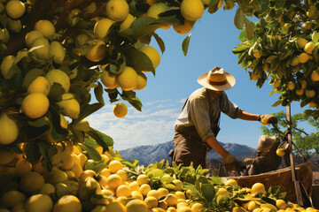 Agricultural worker picking up lemons