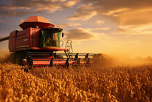 Tractor spraying pesticides fertilizer on crops farm field at dawn