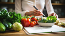 Woman Prescribes Herself A Diet Plan With Vegetables Spread Out On The Kitchen Table.