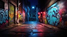 Wet City Street After Rain At Night Time With Colorful Light And Graffiti Wall, Generative Ai