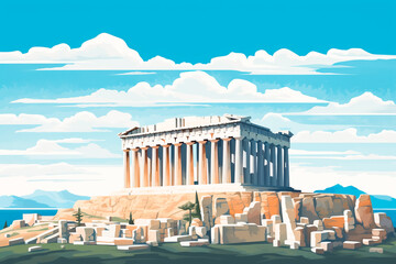 view of Acropolis of Athens cartoon style flat design, minimalist illustration