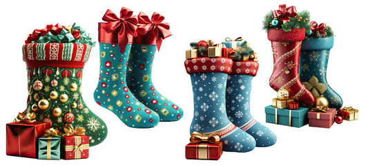 Wall Mural - Christmas socks set. Elements design. PNG Red Christmas sock decoration Santas gifts isolated.