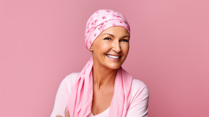 Middle-aged woman cancer patient wearing headscarf and smiling on pink background. Created with Generative AI technology.