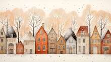 Cute Childhood Style Illustration Of Winter Town Cityscape, Generative Ai
