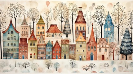 cute childhood style illustration of winter town cityscape, generative Ai