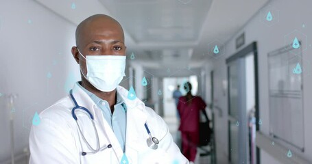 Sticker - Animation of network of medical icons and data processing over african american male doctor