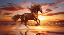 Brown Horse Running At Shallow Water Beach At Sunset Time, Generative Ai