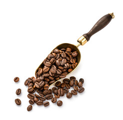 Wall Mural - Scoop of coffee beans. Top view of coffee beans in scoop isolated.