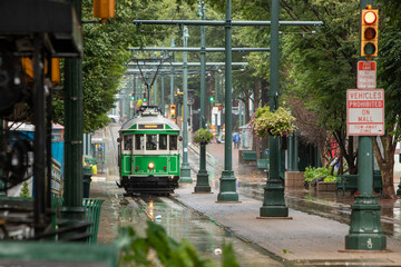 Color photo or the trolly stop at S Main and Peabody, Memphis, TN