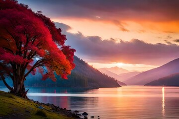 Wall Mural - the best view of sun set between the mountains  behind the lake background and beautiful sun set