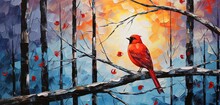 Painting Style Illustration, Red Cardinal Bird On Tree Branch, Autumn Forest, Generative Ai