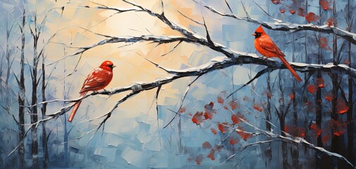 Wall Mural - painting style illustration, two red cardinal birds on tree branch, Autumn forest, Generative Ai