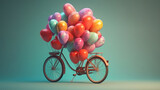 Fototapeta Do pokoju - Flying bicycle with several heart balloons tied to the handlebars. Generative Ai