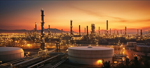 Wall Mural - Petrochemical oil and gas refinery plant in sunset with panorama view. Generative AI