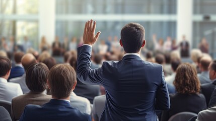 Wall Mural - Unrecognizable businessman person of multi-ethnic businesspeople raising their hands during a presentation seminar for asking question at their company,ai generate