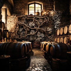 Poster - wine barrels in cellar with roots background 