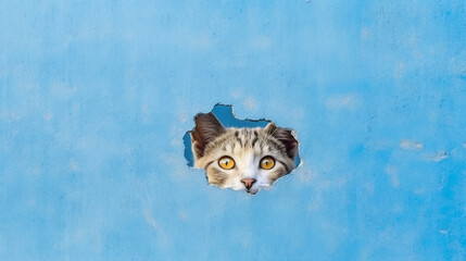 American Shorthair cat emerges from blue wall.Generative Ai.