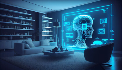  A concept art of a digital holographic artificial intelligence (ai) smart technology in a house and a flat. modern living room with blue and white virtual reality interface, Ai generated image