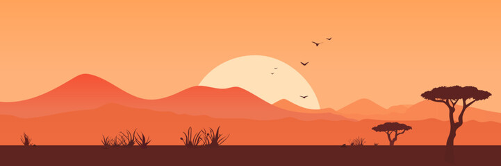 Wall Mural - Africa. Beautiful African landscape at sunset. African silhouettes. safari. vector illustration. Beautiful landscape for printing.