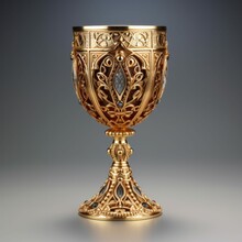Intricate Medieval Chalice Isolated On Gray Backdrop