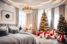 A White Luxury Bedroom With A Sofa And Christmas Tree And Gifts 
Created Using Generative AI Tools