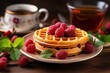 © Irina - Fresh homemade waffles with raspberries and powdered sugar served on a plate with a cup of hot tea on a rustic table.