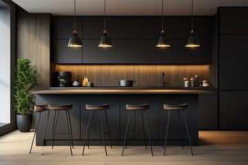 Canvas Print -  modern kitchen with black cupboards, a wooden floor, a bar, stools, and a lamp, positioned near a window.