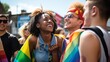 © VERTEX SPACE - Happy man and woman with hands raised holding rainbow flags while enjoying in gay pride parade Capturing the Beauty of Nature with Radiant Smiles,ai generate