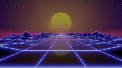 Wall Mural - synthwave sunset. animated background. 80s sun. wireframe landscape. retro future perspective grid. 