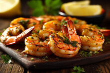 Grilled prawns with lemon and parsley on wooden background.Generative Ai.