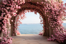 Rose Blooms Arch On Blue Sea Background, Wedding Set Up