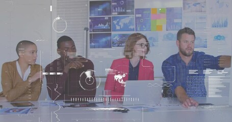 Poster - Animation of interface with data processing against diverse colleagues discussing together at office