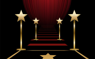 Red starry walkway, stairs with red carpet, award fashion stage. Vector illustration