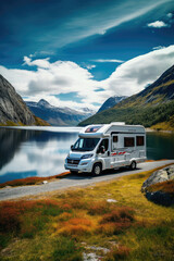 Wall Mural - Modern motorhome driving on road, lake and mountains in background. Generative AI