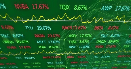 Poster - animation of stock market data processing over globe of network of connections on green background