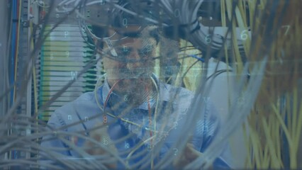 Poster - animation of data processing over latino male engineer working with cables at server room