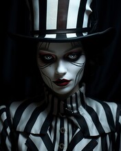 Creepy Female Figure, Haunting Mime In Black And White Exuding A Strange And Unsettling Aura. Disturbing Performance With A Touch Of Enigmatic Mystery.